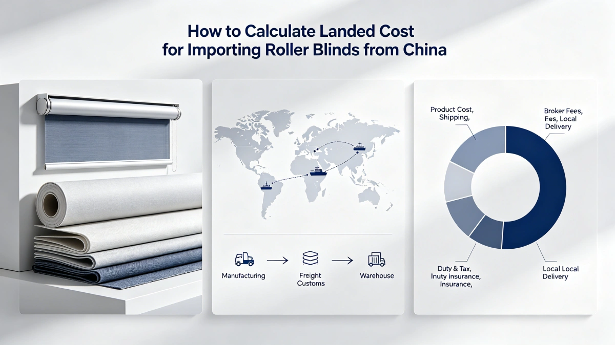 Landed cost breakdown for importing roller blinds from China including shipping customs and delivery costs