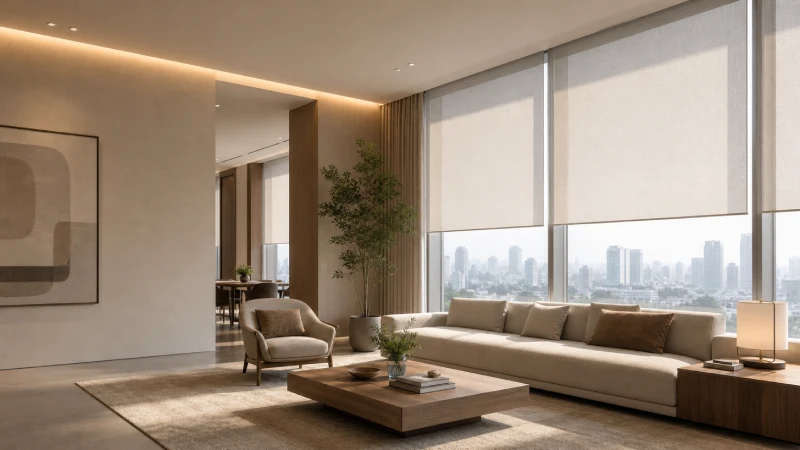 Modern residential interior with sunscreen fabric window covering solution