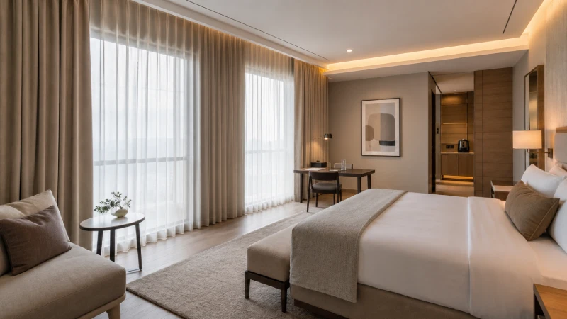 Hotel interior enhanced with professional curtain and voile window covering solutions