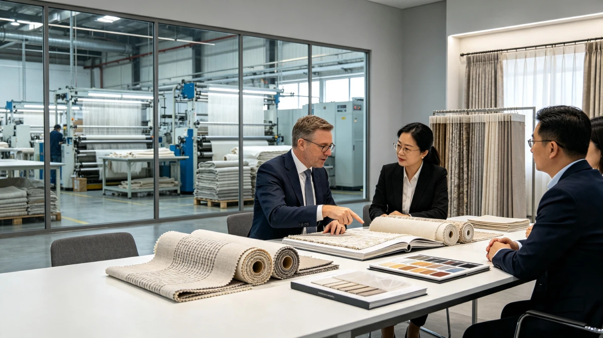 International buyers visiting a curtain fabric factory in China