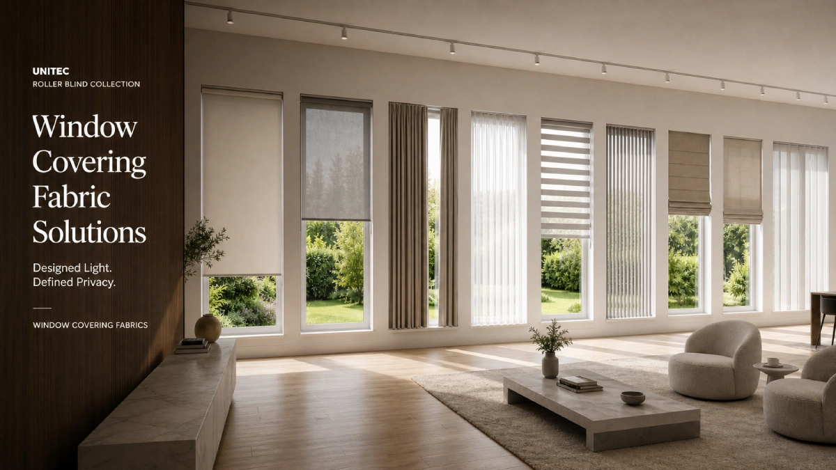 UNITEC window covering fabric product library featuring roller blind, zebra, vertical, Roman and sheer fabric solutions.
