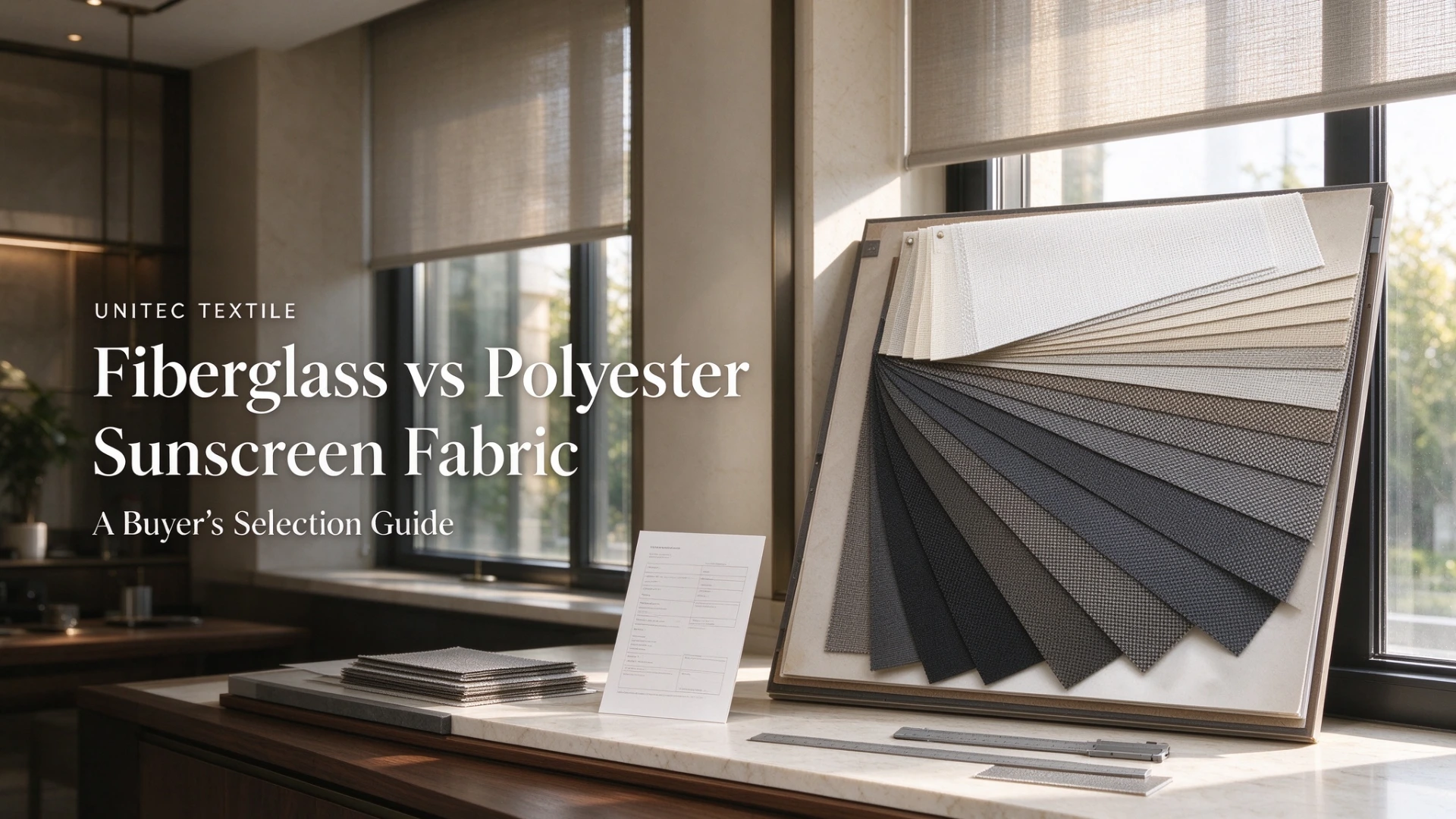 UNITEC Textile buyer's selection guide cover showing sunscreen fabric samples and roller shades