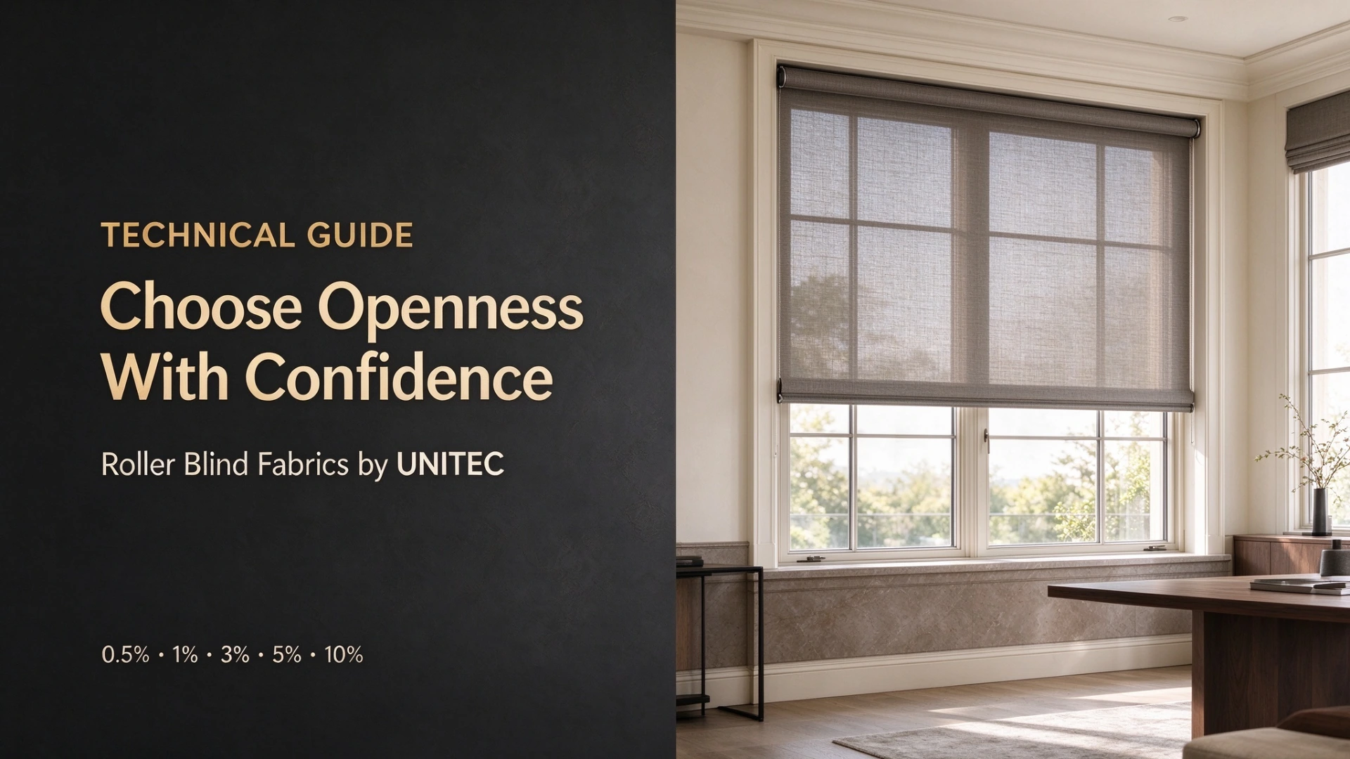 Screen roller blind fabric in an architectural interior, illustrating openness factor selection for roller blind fabrics by UNITEC.