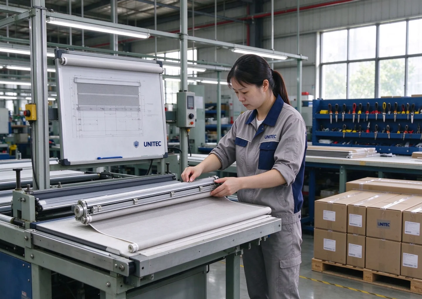 Quality inspection of finished roller blinds at UNITEC