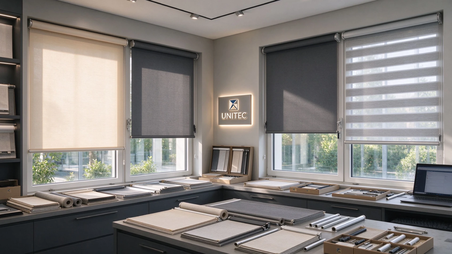 Finished roller blinds supplied by UNITEC for B2B distribution and projects