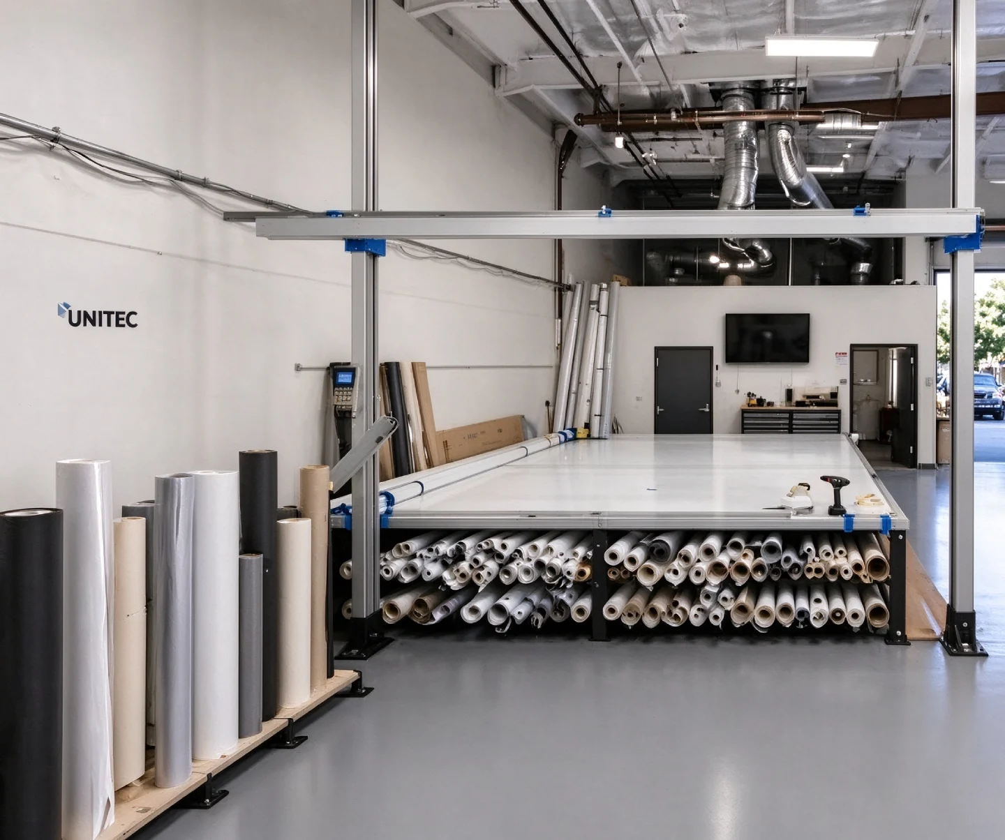 Roller blind cutting workstation at UNITEC